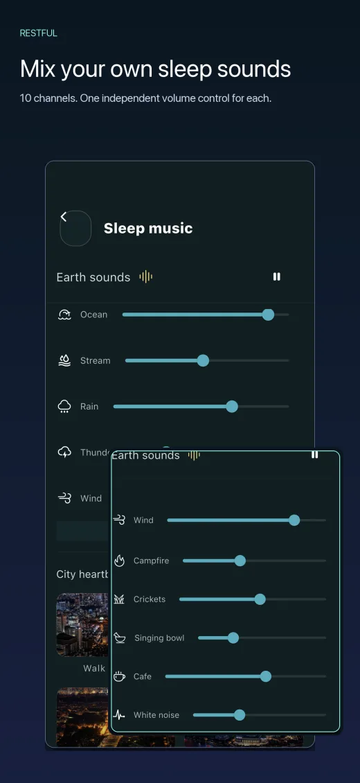 Restful App Store screenshot “Mix your own sleep sounds”: the Earth sounds mixer with sliders for ten channels from Ocean to White noise.