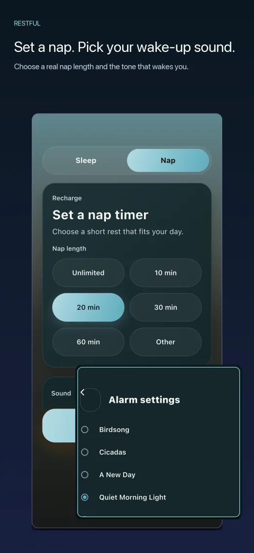 Restful App Store screenshot “Set a nap. Pick your wake-up sound.”: nap lengths with 20 minutes selected and Alarm settings with Quiet Morning Light chosen.