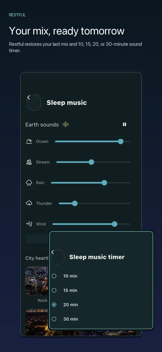 Restful App Store screenshot “Your mix, ready tomorrow”: saved mixer levels and the Sleep music timer with 20 minutes selected.