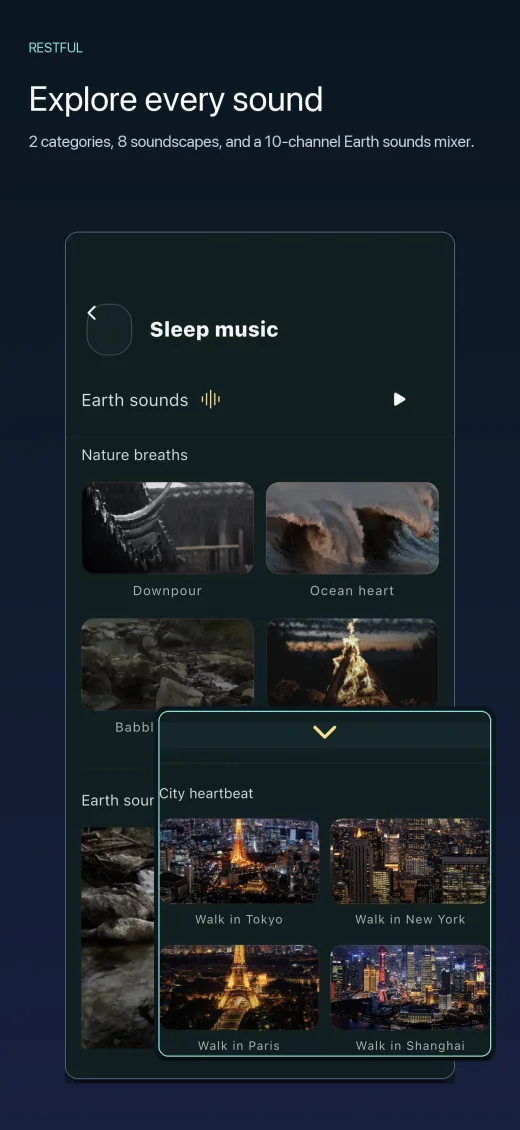 Restful App Store screenshot “Explore every sound”: the four Nature breaths tracks and the four City heartbeat ambiences.