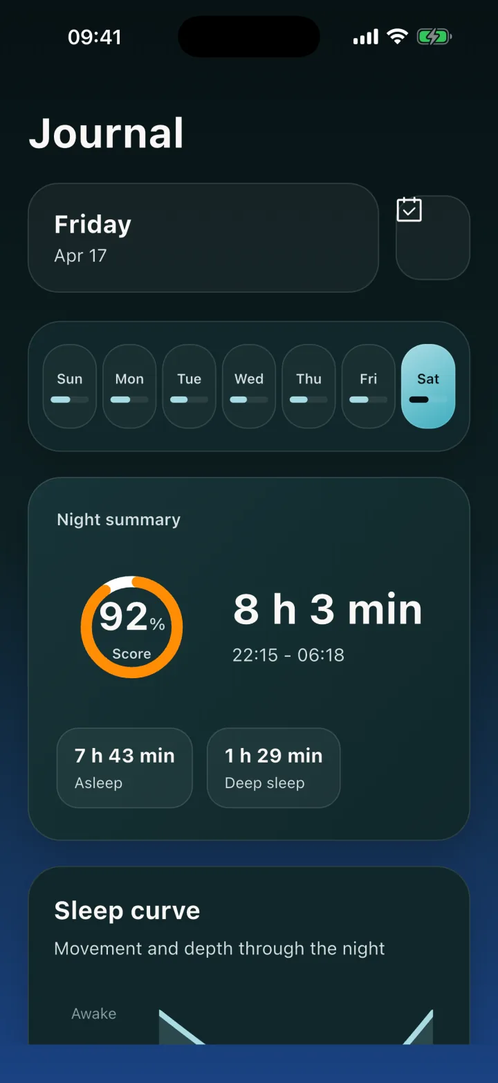 Restful journal screen with nightly sleep summary.