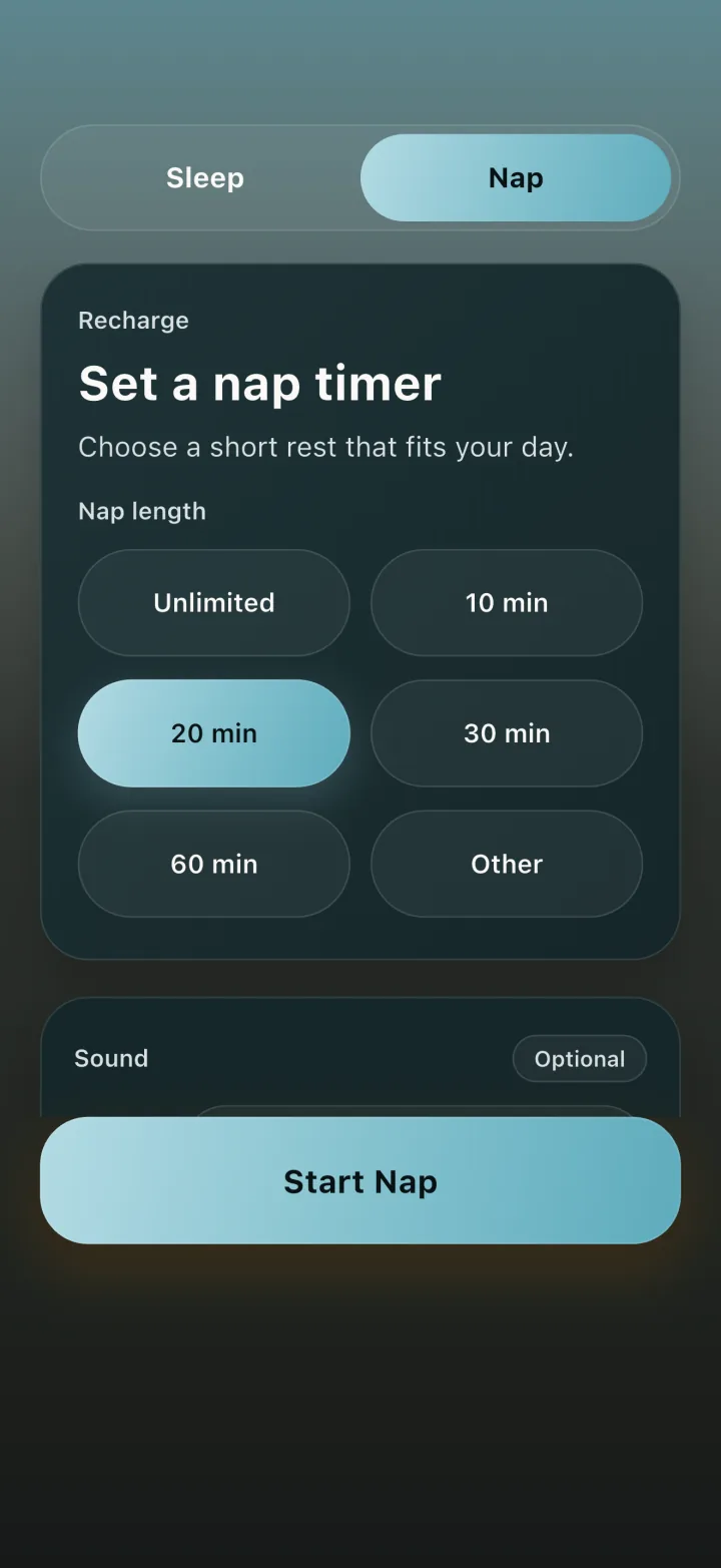 Restful nap length controls with 20 minutes selected