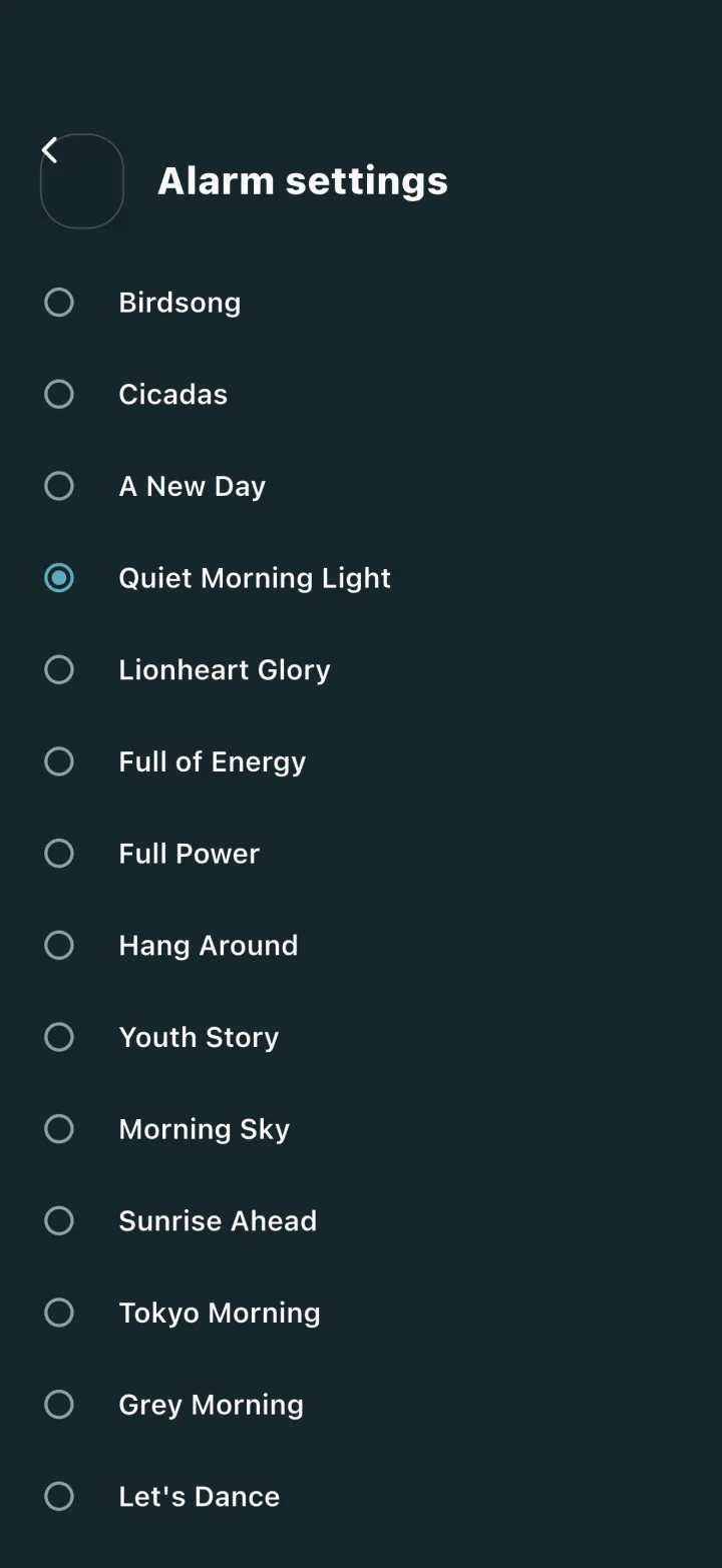 Restful Alarm settings listing wake tones, with Quiet Morning Light selected.